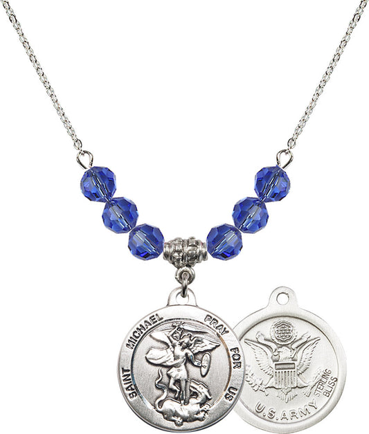 Sterling Silver Saint Michael / Army Birthstone Necklace with Sapphire Beads - 0342