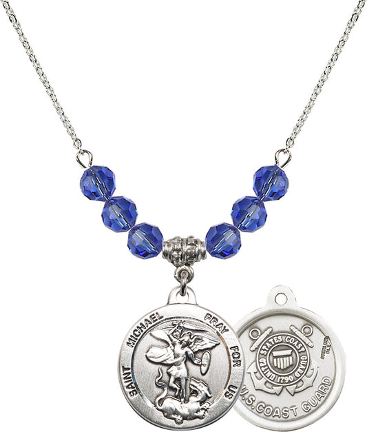 Sterling Silver Saint Michael / Coast Guard Birthstone Necklace with Sapphire Beads - 0342