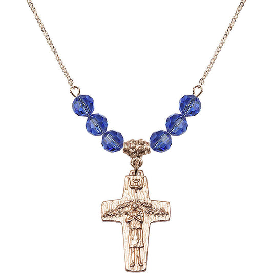 14kt Gold Filled Papal Crucifix Birthstone Necklace with Sapphire Beads - 0569