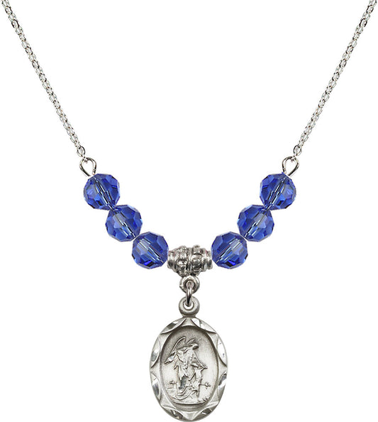 Sterling Silver Guardian Angel Birthstone Necklace with Sapphire Beads - 0612