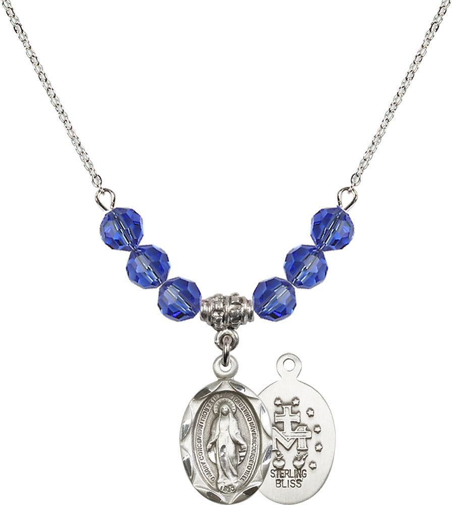 Sterling Silver Miraculous Birthstone Necklace with Sapphire Beads - 0612