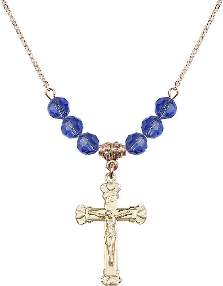 14kt Gold Filled Crucifix Birthstone Necklace with Sapphire Beads - 0620