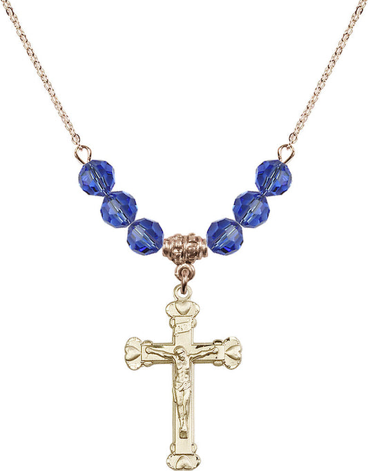 14kt Gold Filled Crucifix Birthstone Necklace with Sapphire Beads - 0620