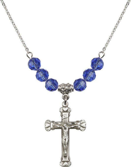 Sterling Silver Crucifix Birthstone Necklace with Sapphire Beads - 0620