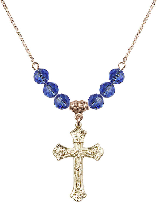 14kt Gold Filled Crucifix Birthstone Necklace with Sapphire Beads - 0622