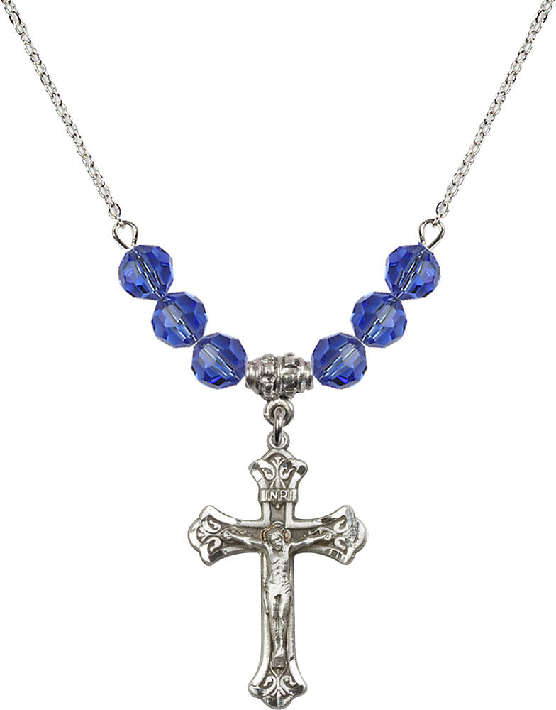 Sterling Silver Crucifix Birthstone Necklace with Sapphire Beads - 0622