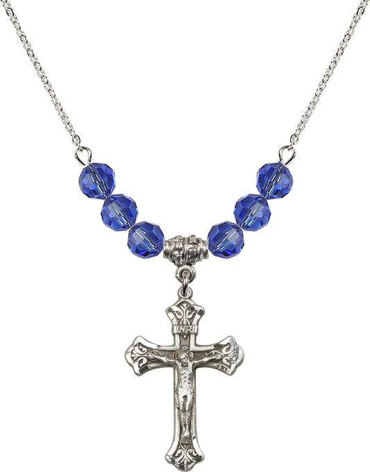 Sterling Silver Crucifix Birthstone Necklace with Sapphire Beads - 0622