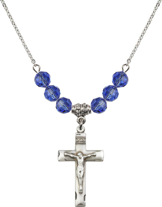 Sterling Silver Crucifix Birthstone Necklace with Sapphire Beads - 0624