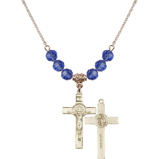14kt Gold Filled Saint Benedict Crucifix Birthstone Necklace with Sapphire Beads - 0625