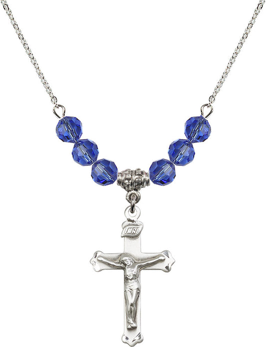 Sterling Silver Crucifix Birthstone Necklace with Sapphire Beads - 0651