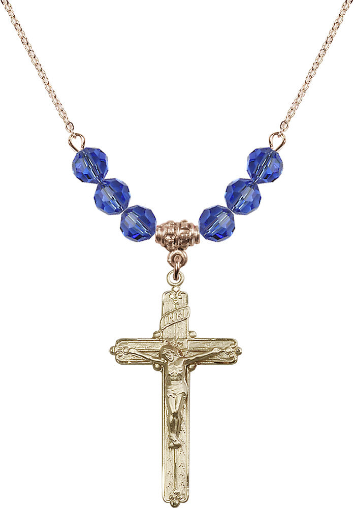 14kt Gold Filled Crucifix Birthstone Necklace with Sapphire Beads - 0655