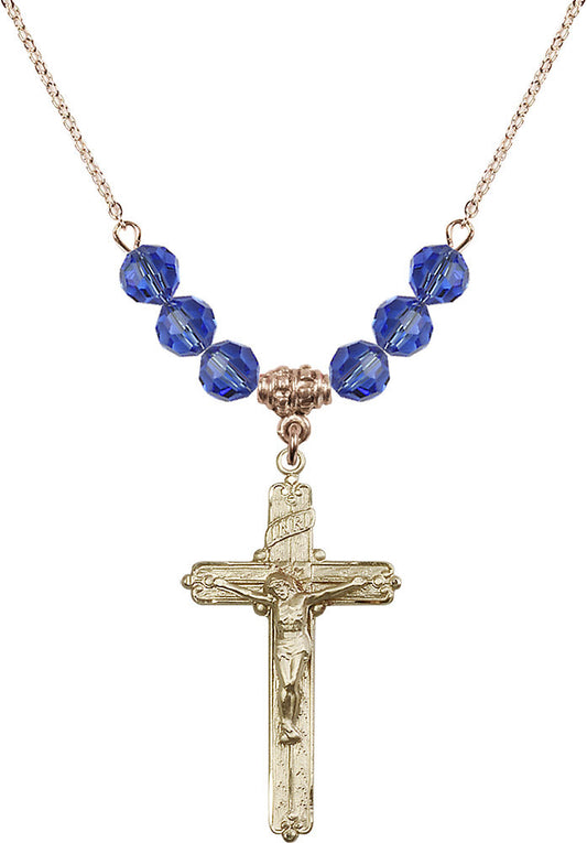 14kt Gold Filled Crucifix Birthstone Necklace with Sapphire Beads - 0655