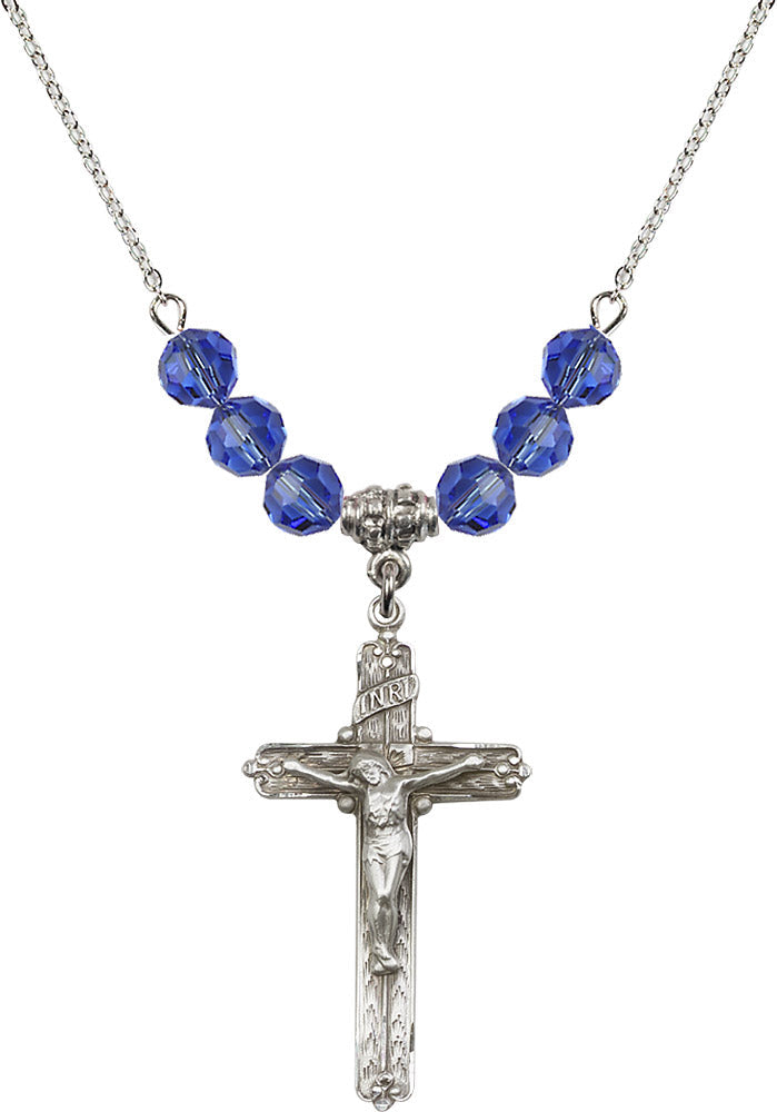 Sterling Silver Crucifix Birthstone Necklace with Sapphire Beads - 0655