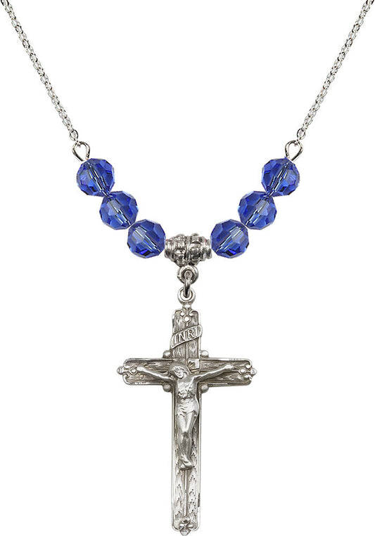 Sterling Silver Crucifix Birthstone Necklace with Sapphire Beads - 0655