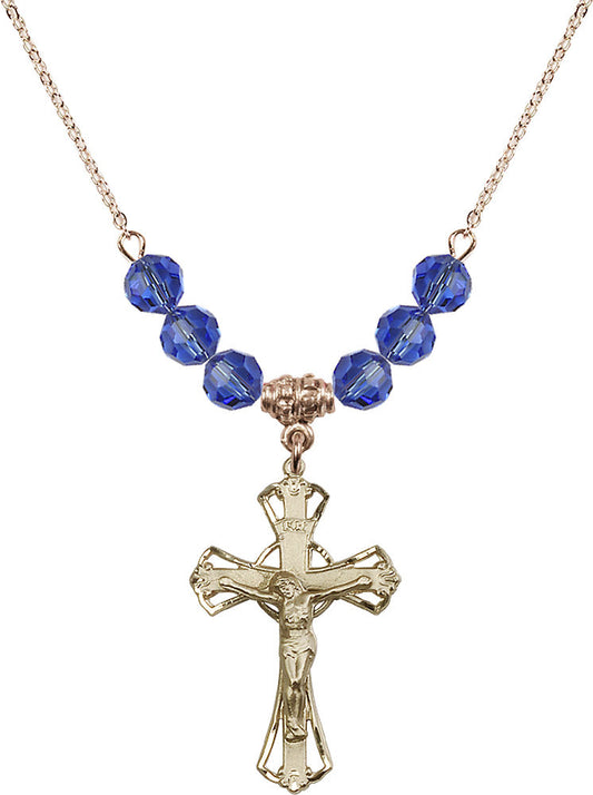14kt Gold Filled Crucifix Birthstone Necklace with Sapphire Beads - 0659