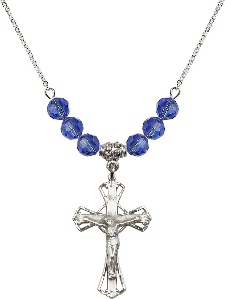 Sterling Silver Crucifix Birthstone Necklace with Sapphire Beads - 0659