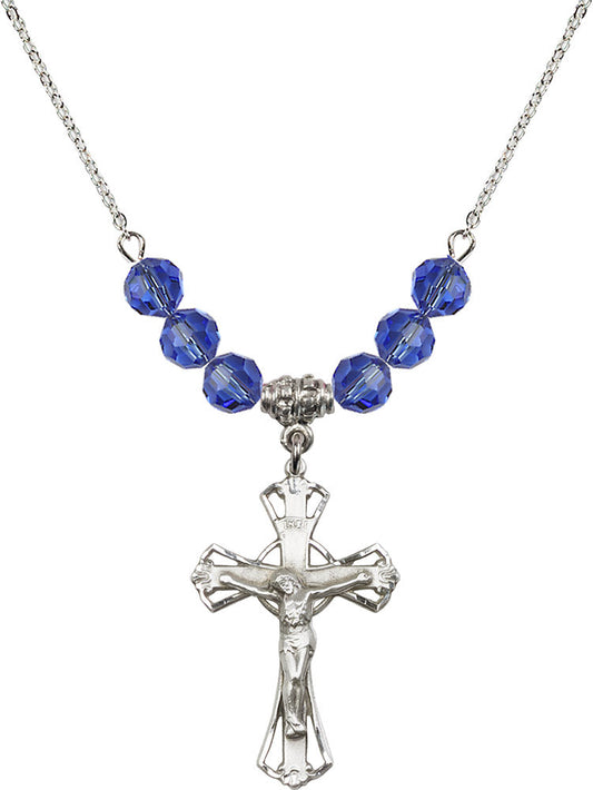 Sterling Silver Crucifix Birthstone Necklace with Sapphire Beads - 0659