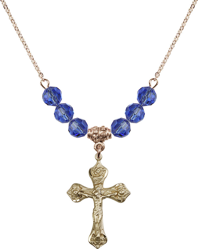 14kt Gold Filled Crucifix Birthstone Necklace with Sapphire Beads - 0662