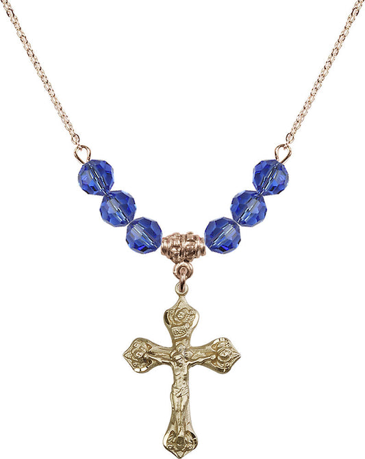 14kt Gold Filled Crucifix Birthstone Necklace with Sapphire Beads - 0662