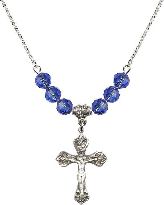 Sterling Silver Crucifix Birthstone Necklace with Sapphire Beads - 0662