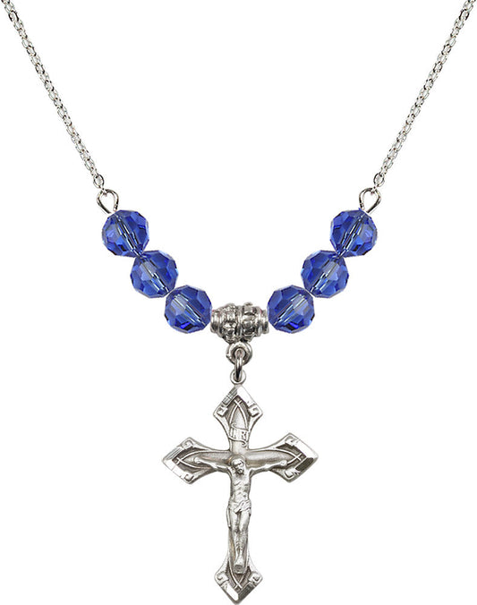 Sterling Silver Crucifix Birthstone Necklace with Sapphire Beads - 0663