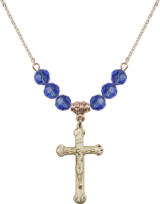 14kt Gold Filled Crucifix Birthstone Necklace with Sapphire Beads - 0664