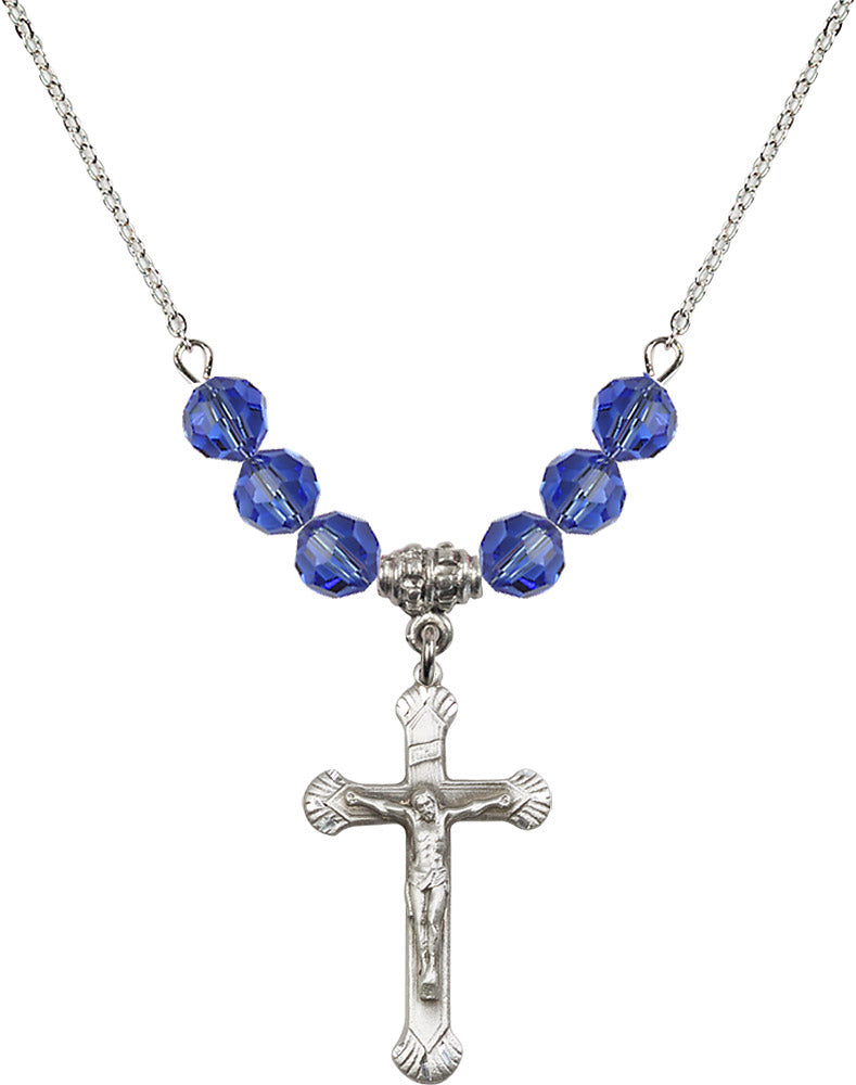 Sterling Silver Crucifix Birthstone Necklace with Sapphire Beads - 0664