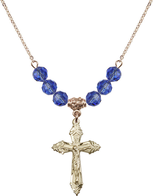 14kt Gold Filled Crucifix Birthstone Necklace with Sapphire Beads - 0665