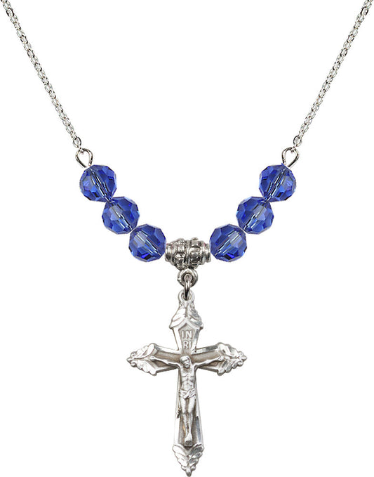 Sterling Silver Crucifix Birthstone Necklace with Sapphire Beads - 0665