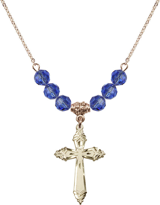 14kt Gold Filled Cross Birthstone Necklace with Sapphire Beads - 0665