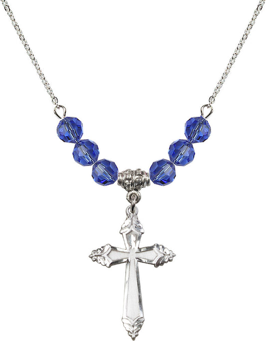 Sterling Silver Cross Birthstone Necklace with Sapphire Beads - 0665