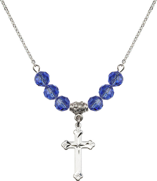 Sterling Silver Cross Birthstone Necklace with Sapphire Beads - 0667