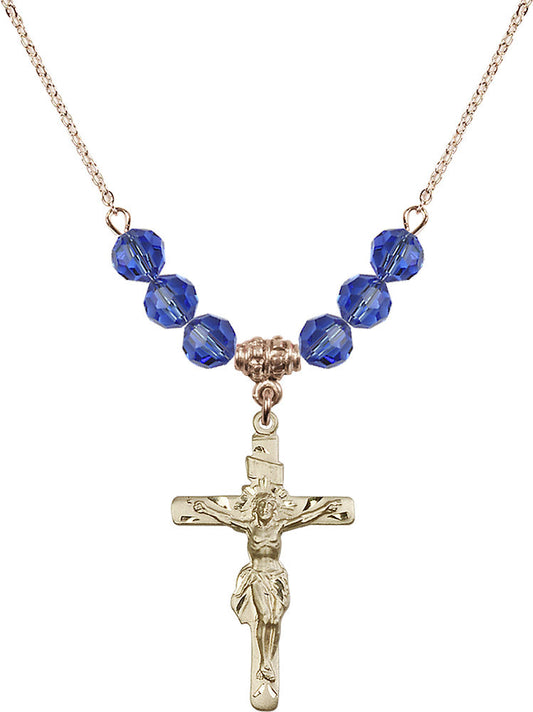 14kt Gold Filled Crucifix Birthstone Necklace with Sapphire Beads - 0668