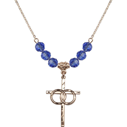 14kt Gold Filled Wedding Rings Cross Birthstone Necklace with Sapphire Beads - 0671