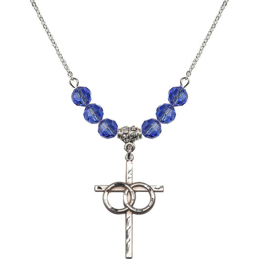 Sterling Silver Wedding Rings Cross Birthstone Necklace with Sapphire Beads - 0671