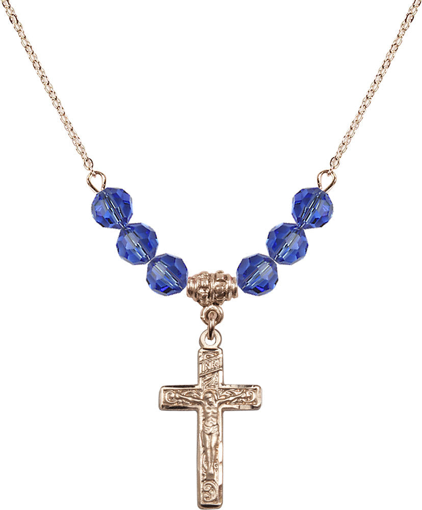 14kt Gold Filled Crucifix Birthstone Necklace with Sapphire Beads - 0673