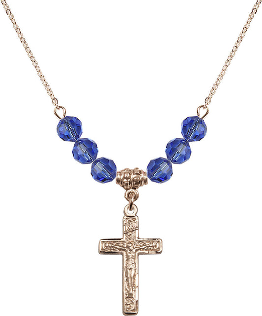 14kt Gold Filled Crucifix Birthstone Necklace with Sapphire Beads - 0673