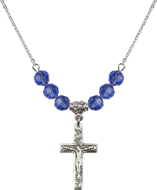 Sterling Silver Crucifix Birthstone Necklace with Sapphire Beads - 0673