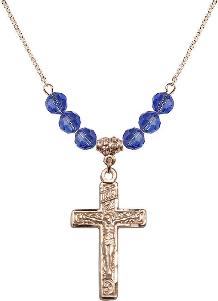 14kt Gold Filled Crucifix Birthstone Necklace with Sapphire Beads - 0674