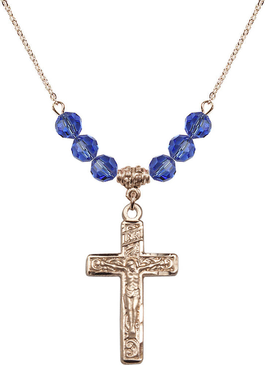 14kt Gold Filled Crucifix Birthstone Necklace with Sapphire Beads - 0674