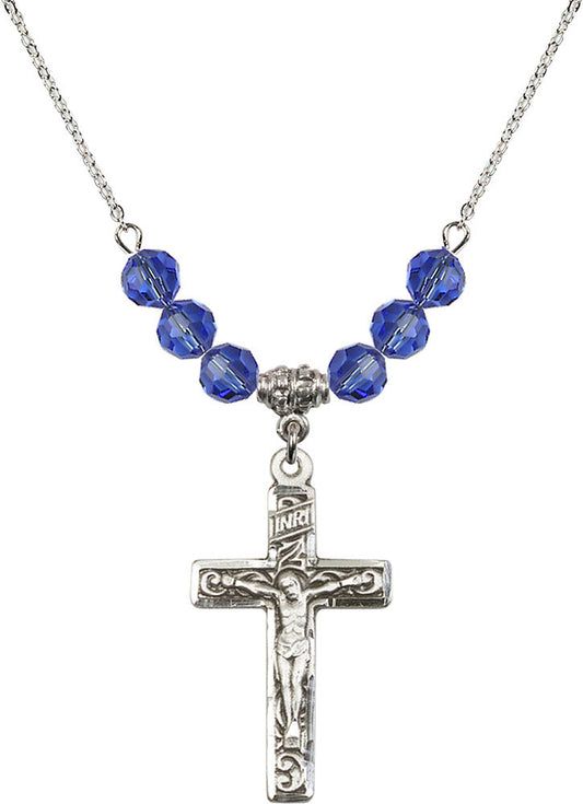 Sterling Silver Crucifix Birthstone Necklace with Sapphire Beads - 0674