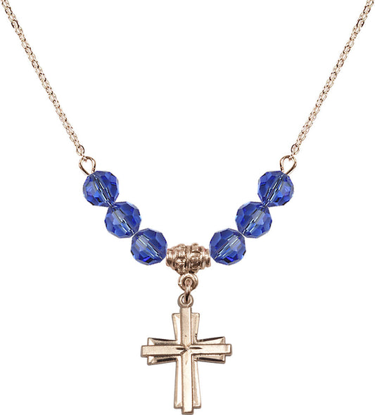14kt Gold Filled Cross Birthstone Necklace with Sapphire Beads - 0675