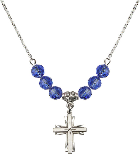 Sterling Silver Cross Birthstone Necklace with Sapphire Beads - 0675