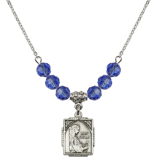 Sterling Silver Saint Cecilia Birthstone Necklace with Sapphire Beads - 0804