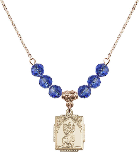 14kt Gold Filled Saint Christopher Birthstone Necklace with Sapphire Beads - 0804