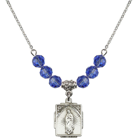 Sterling Silver Our Lady of Guadalupe Birthstone Necklace with Sapphire Beads - 0804