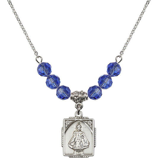 Sterling Silver Infant of Prague Birthstone Necklace with Sapphire Beads - 0804