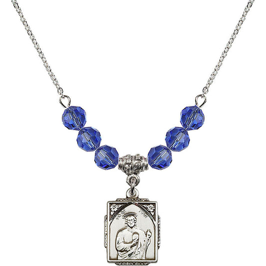 Sterling Silver Saint Jude Birthstone Necklace with Sapphire Beads - 0804
