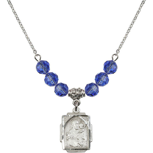 Sterling Silver Saint Joseph Birthstone Necklace with Sapphire Beads - 0804