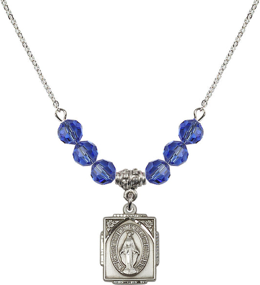 Sterling Silver Miraculous Birthstone Necklace with Sapphire Beads - 0804